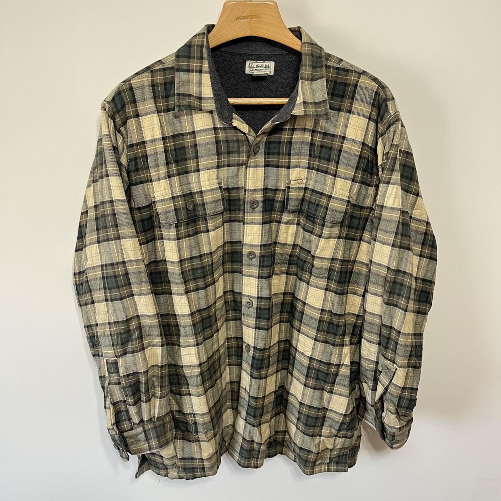LL Bean Flannel Shacket Jacket Mens XL Green Plaid Fleece Lined Shirt 0GLR6‎